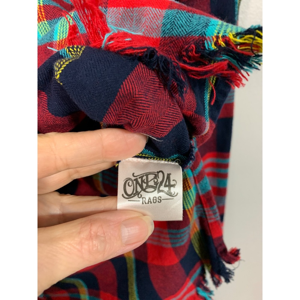 ONE24 RAGS Red Plaid‎ Fringed Flannel Shirt Oversized Distressed Women Large - Picture 8 of 10